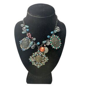 Chunky Statement Bib Necklace With Beaded Accents Ornate Medallions Shabby Chic